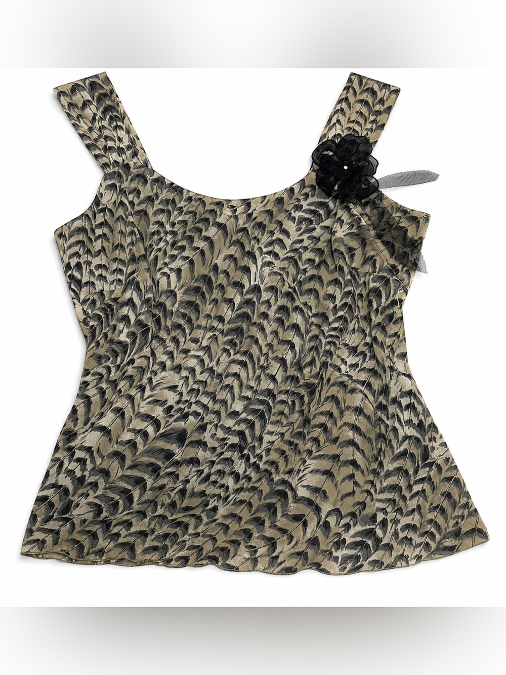 Feather print tank top with floral accent
